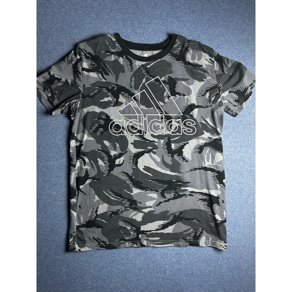 Adidas Women Camo Logo T-Shirt Gray Black Camouflage Cotton Tee XL 18/20